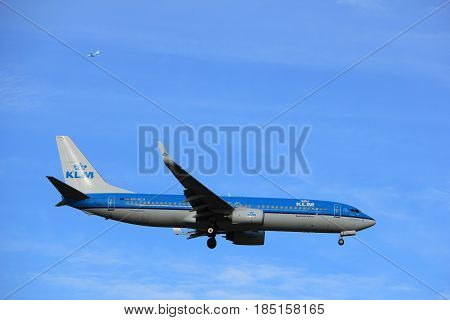 Amsterdam the Netherlands - July 15th 2016:PH-BCA KLM Royal Dutch Airlines Boeing 737 approaching Polderbaan runway at Schiphol Amsterdam Airport arriving from Paris France