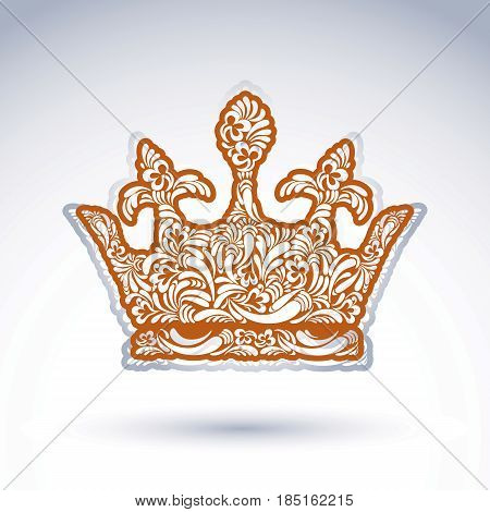 Flower-patterned decorative crown art royal symbol. King coronet filled with abstract natural pattern imperial theme vector design element.