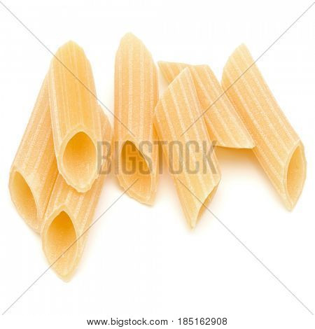 Italian pasta isolated on white background. Pennoni. Penne rigate.