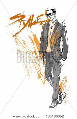 Shopping Sale Fashion Collection Style Model Male Wear Elegant Clothes Discount Sketch Vector Illustration