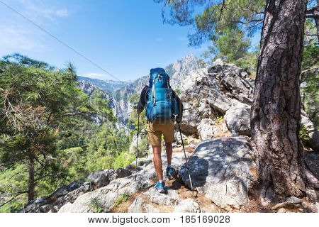 Hiking in famous Lycian Way in the Turkey. Backpacker in the trail.