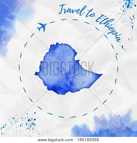 Ethiopia Watercolor Map In Blue Colors. Travel To Ethiopia Poster With Airplane Trace And Handpainte