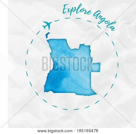 Angola Watercolor Map In Turquoise Colors. Explore Angola Poster With Airplane Trace And Handpainted