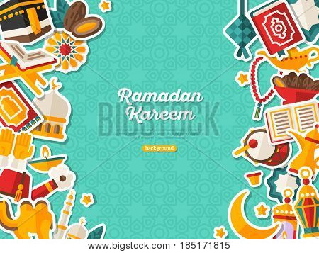 Ramadan Kareem Banner With Flat Sticker Icons. Vector illustration. Islamic Concept. Vertical Borders with Place for your Text on Blue Background. Koran, Traditional Lanterns, Dates