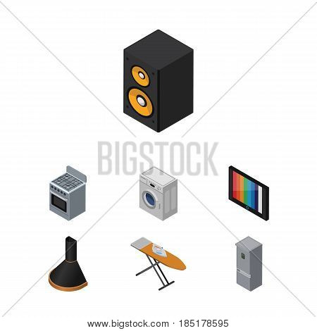 Isometric Technology Set Of Laundry, Cloth Iron, Air Extractor And Other Vector Objects. Also Includes Box, Music, Hood Elements.
