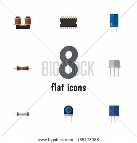 Flat Electronics Set Of Transistor, Microprocessor, Coil Copper And Other Vector Objects. Also Includes Transducer, Copper, Resistance Elements.