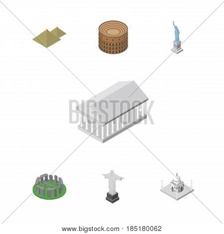 Isometric Travel Set Of India Mosque, Coliseum, Egypt And Other Vector Objects. Also Includes Mahal, England, Egypt Elements.