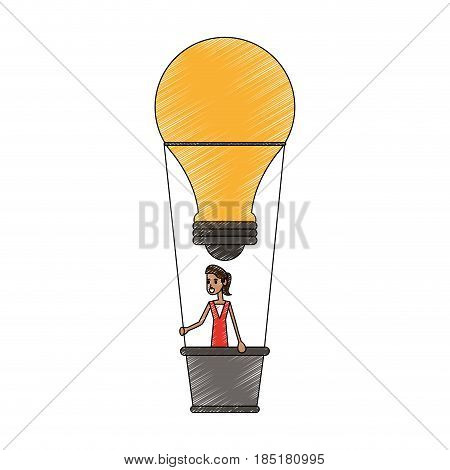color pencil ligth bulb hot air balloon with woman inside vector illustration