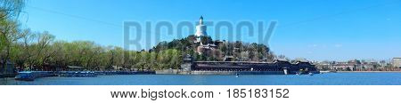 Beihai park panorama with historical architecture in Beijing