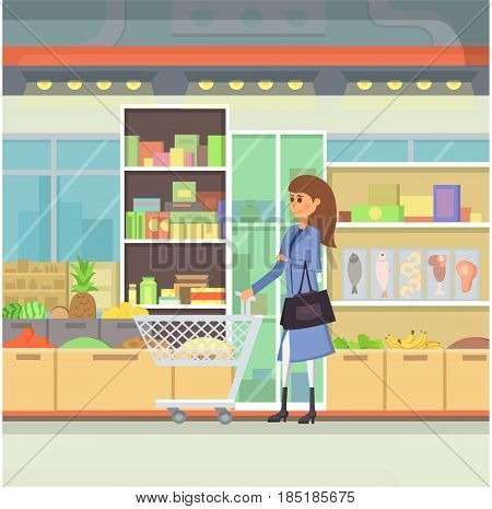 Shopping in a mall cartoon illustration. Peopple in Shopping Centre vector. Food market building