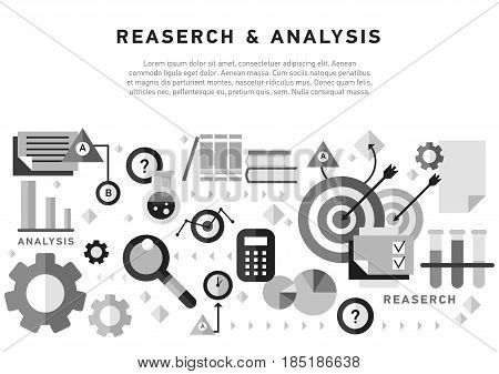 Doodle style concept of general research and analysis, problem solving, collecting data, scientific technologies approach. Flat illustration for web banners, hero images.