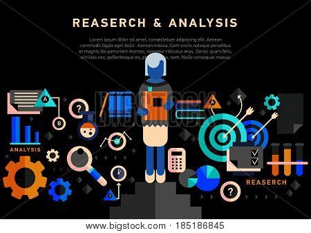 Doodle style concept of general research and analysis, problem solving, collecting data, scientific technologies approach. Flat illustration for web banners, hero images.