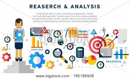 Doodle style concept of general research and analysis, problem solving, collecting data, scientific technologies approach. Flat illustration for web banners, hero images.