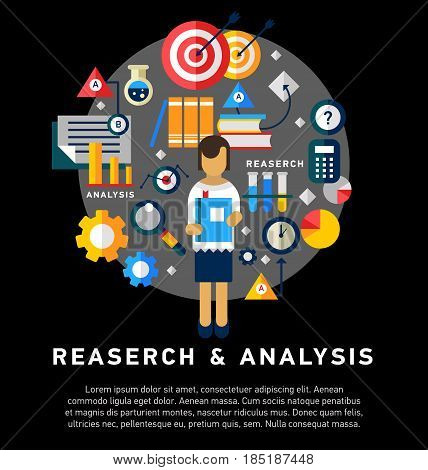Doodle style concept of general research and analysis, problem solving, collecting data, scientific technologies approach. Flat illustration for web banners, hero images.