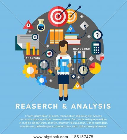 Doodle style concept of general research and analysis, problem solving, collecting data, scientific technologies approach. Flat illustration for web banners, hero images.