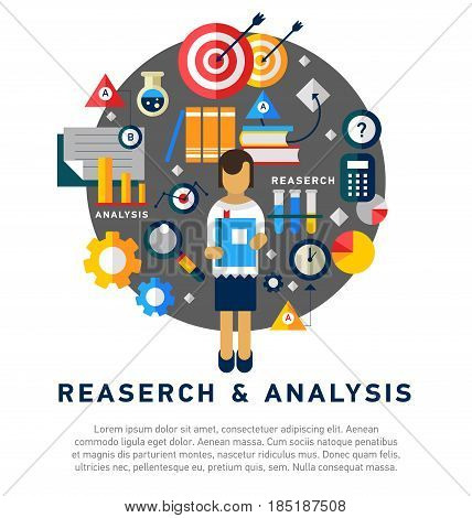 Doodle style concept of general research and analysis, problem solving, collecting data, scientific technologies approach. Flat illustration for web banners, hero images.