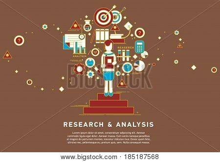 Doodle style concept of general research and analysis, problem solving, collecting data, scientific technologies approach. Flat illustration for web banners, hero images.