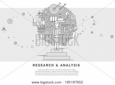 Doodle style concept of general research and analysis, problem solving, collecting data, scientific technologies approach. Flat illustration for web banners, hero images.