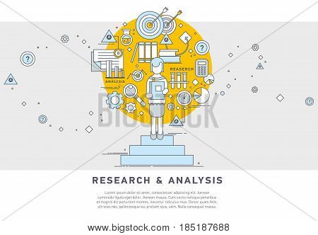 Doodle style concept of general research and analysis, problem solving, collecting data, scientific technologies approach. Flat illustration for web banners, hero images.