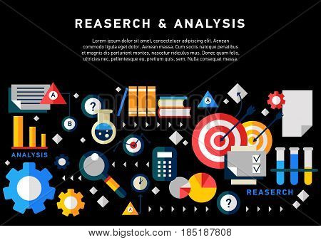 Doodle style concept of general research and analysis, problem solving, collecting data, scientific technologies approach. Flat illustration for web banners, hero images.