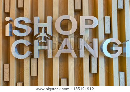 SINGAPORE - CIRCA SEPTEMBER, 2016: close up shot of Shop Changi sign at Singapore Changi Airport. Changi Airport is one of the largest transportation hubs in Southeast Asia.