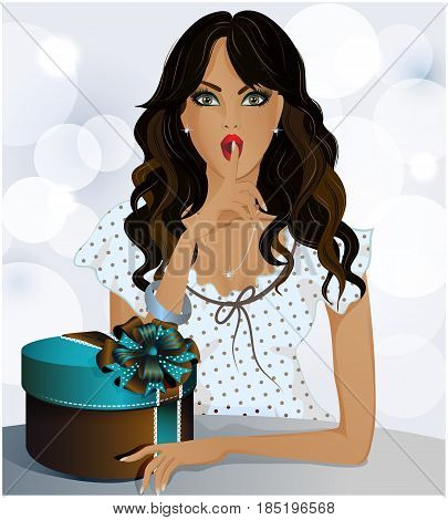 A beautiful girl with a gift in a box. It shows the sign 