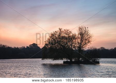 Beautiful Vibrant Spring Sunrise Over Calm Lake In English Countryside