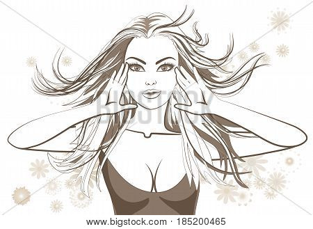 Beautiful girl with developing hair in beige colours. In the background-flowers