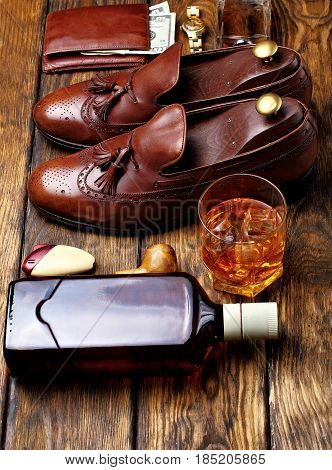 Brown Brogues, And Men's Accessroies Cufflinks,golden Watch, Tobaco Pipe , Ginger,bottle And Glas Of