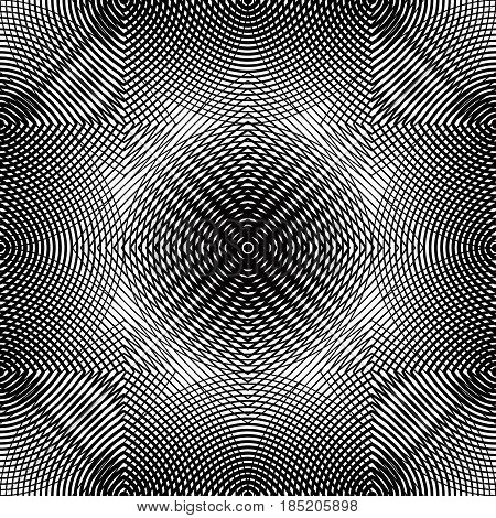 Black and white illusive abstract seamless pattern with overlapping shapes. Vector symmetric backdrop kaleidoscope ornate.