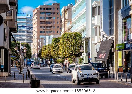 LIMASSOL CYPRUS - MARCH 03 2017: Anexartisias street the major shopping street of the city.