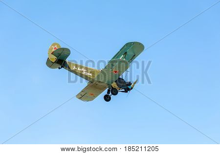 Samara Russia - April 30 2017: Russian retro aeroplane Polikarpov PO-2 in the blue sky