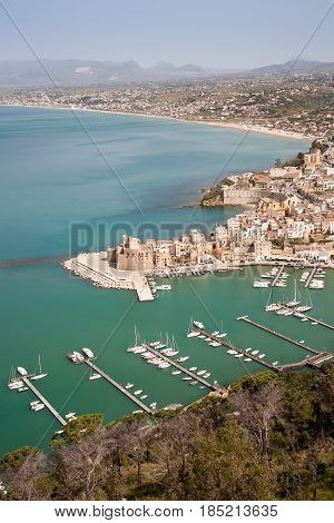 An aerial view on the coastal town of Castellammare del Golfo on the mediterranean sea in northern Sicily Italy