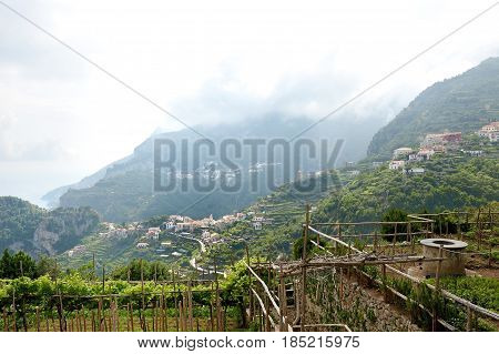 Ravello Amalfi Coast Italy - panoramic view of the green hills in a misty day
