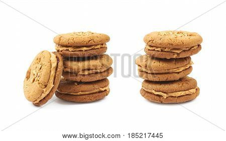 Pile of peanut butter homemade cookies, composition isolated over the white background, set of two different foreshortenings