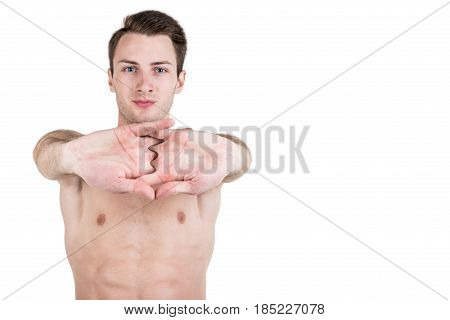 Healthy Lifestyle. Portrait Of A Handsome Guy With A Sporty Naked Body, Warming Up, Isolated On Whit