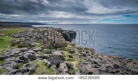 Panoramic view of the cliffs in Doolins Bay, The Burren, County Clare, Ireland