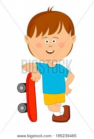 Cute little boy leans on his skateboard over white background