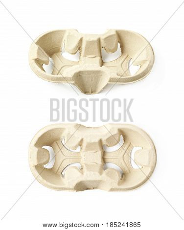 Pressed cardboard paper double cup holder isolated over the white background, set of two different foreshortenings