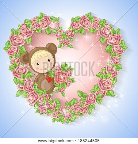 Girl in the suit of a teddy bear with a rose. Vector illustration