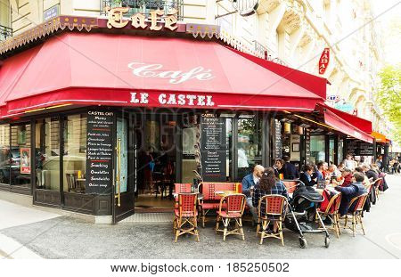 Paris, France-April 02 , 2017 : The traditional Parisian cafe Le Castel located near Eiffel tower in Paris, France.
