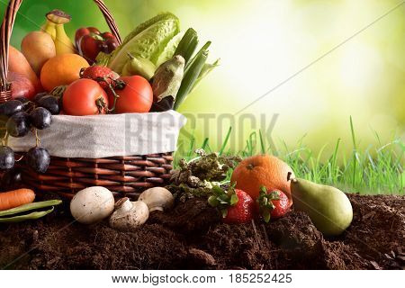 Assortment Fruits And Vegetables On Soil And Green Background