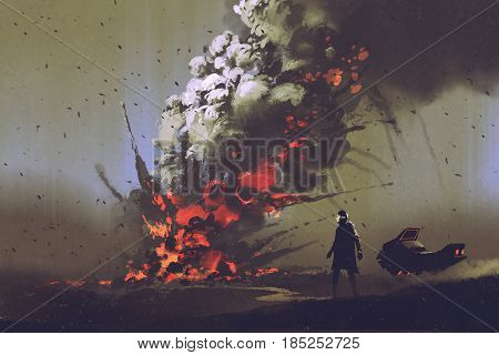 sci-fi scene of the man with his vehicle looking at bomb explosion on the ground, illustration painting
