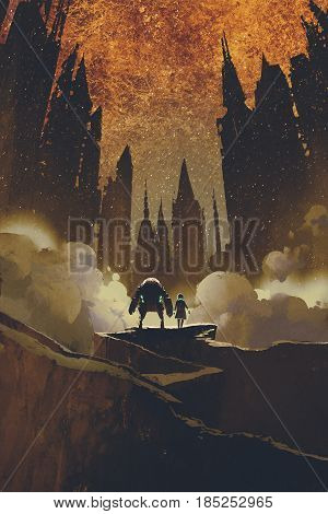 the girl and robot standing on rock path looking at dark castles and burning sky on background with digital art style, illustration painting