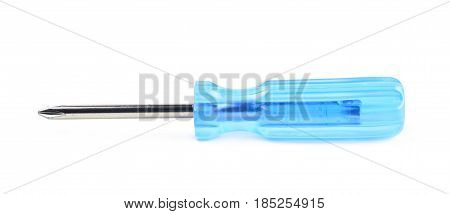 Tiny crosshead screwdriver with a plastic blue handle, isolated over the white background