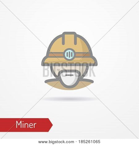 Typical simplistic miner face in professional helmet with light. Miner or digger head isolated icon in flat style with shadow. Profession vector stock image.