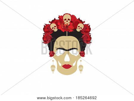 portrait of Mexican Catrina with skulls and red flowers , inspiration Santa Muerte in Mexico and Frida , vector illustration isolated
