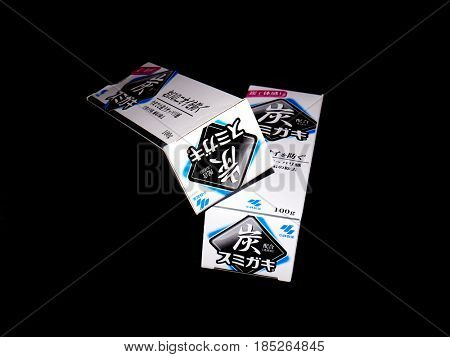 GOMEL, BELARUS - MARCH 5, 2017:Japanese toothpaste Kobayashi with charcoal.Kobayashi Pharmaceutical Co., Ltd. manufactures and sells OTC pharmaceuticals, oral hygiene products.