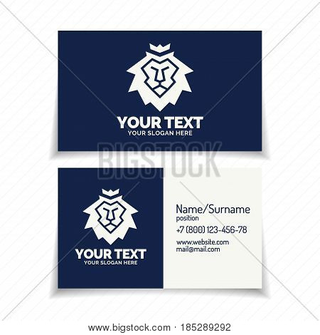 Business card with lion emblem consisting lion head cyan color flat style on background for shield firm, business company, label, badge, sticker. Vector Illustration