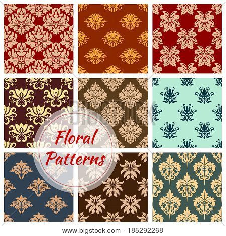 Floral damask seamless pattern set. Flower ornament of ornate baroque tracery and royal victorian flourish motif for wallpaper pattern or textile embellishment design